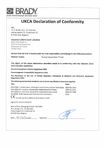 UKCA Declaration Of Conformity - Brady Inspection Timer - Brady Europe