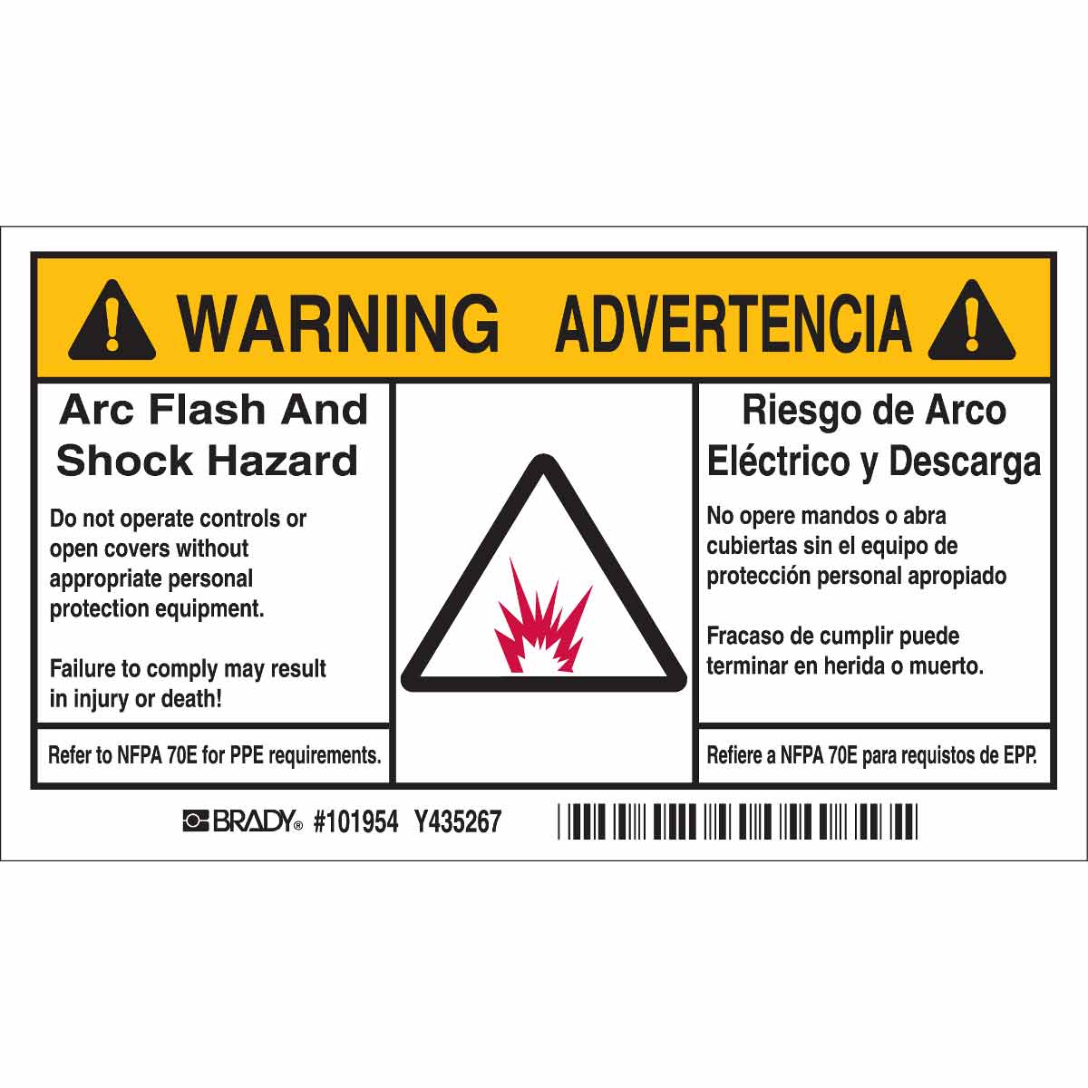 Bilingual Warning Arc Flash And Shock Hazard Labels Brady Part 101954 Brady