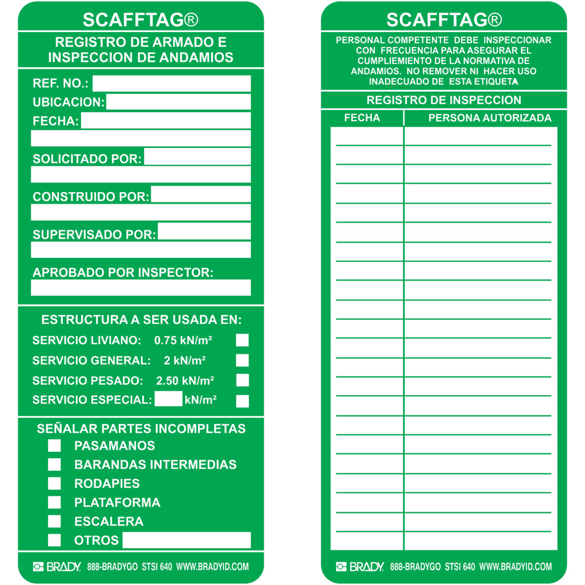 SCAF-STSI 640 SCAFFTAG INSERTS SPANISH 100/PK