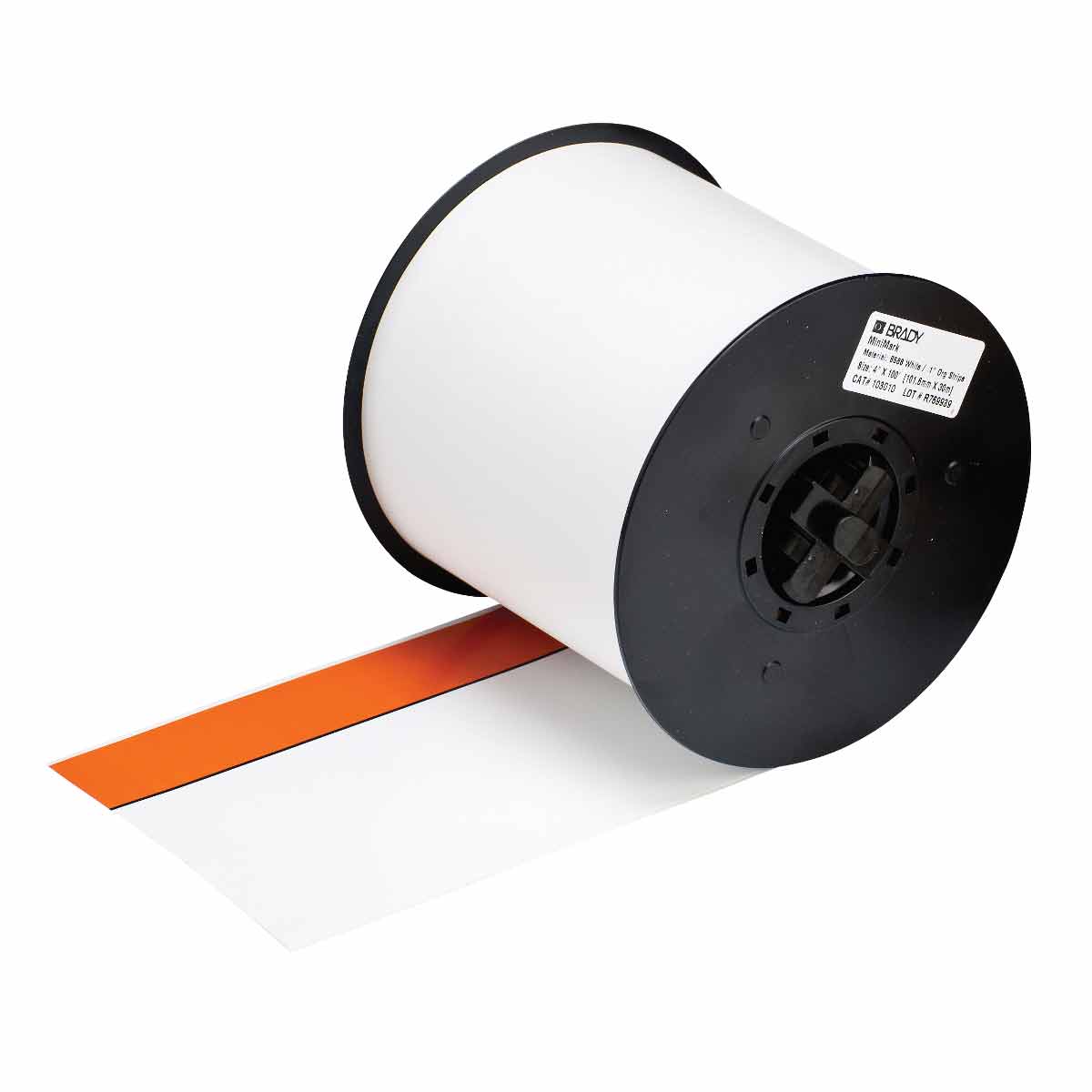 White Indoor/Outdoor Industrial Label Printer Preprinted Orange Stripe Tape Brady 113222 MiniMark 100' Length x 4 Width B-595 Vinyl 
