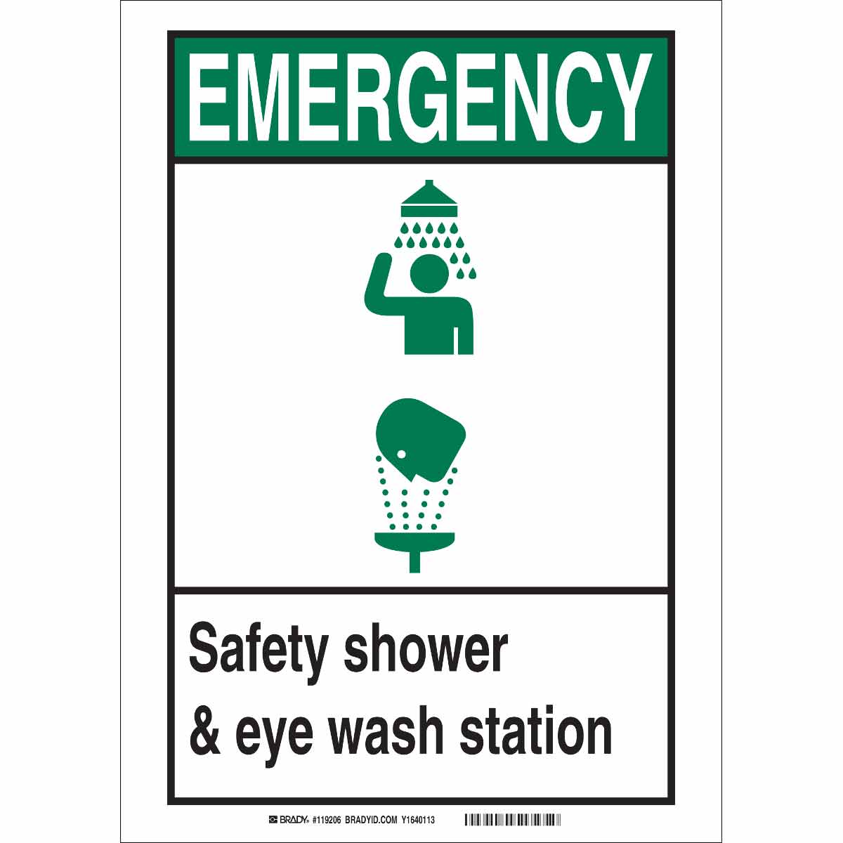 Black and Blue on White Brady 127414 First Aid Sign LegendEmergency Eye Wash and Shower 14 Width 10 Height 