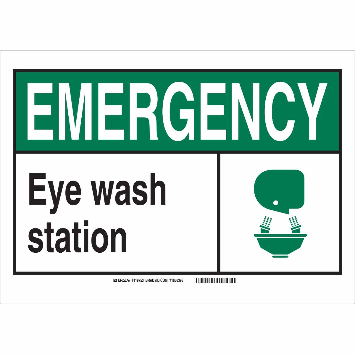 Black/Green/White Brady 119786 PlasticEmergency Safety Shower and Eye Wash Station Office and Facility Sign 