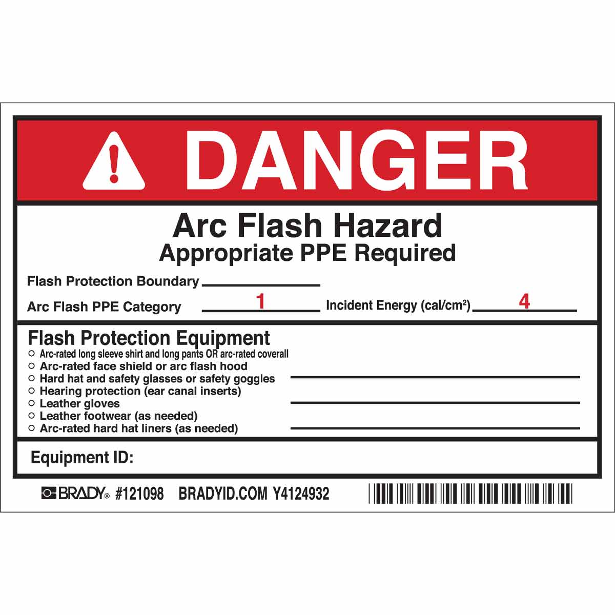 121098 B7569 4X6 BLK/RED/WHT 5/PK ARC FLASH LBL