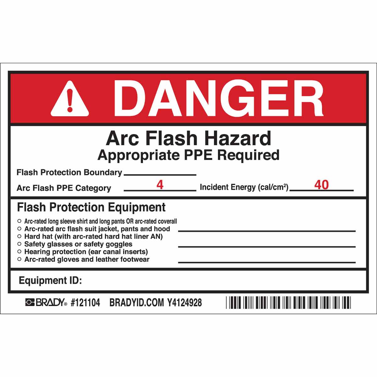 121104 B7569 4X6 BLK/RED/WHT 5/PK ARC FLASH LBL