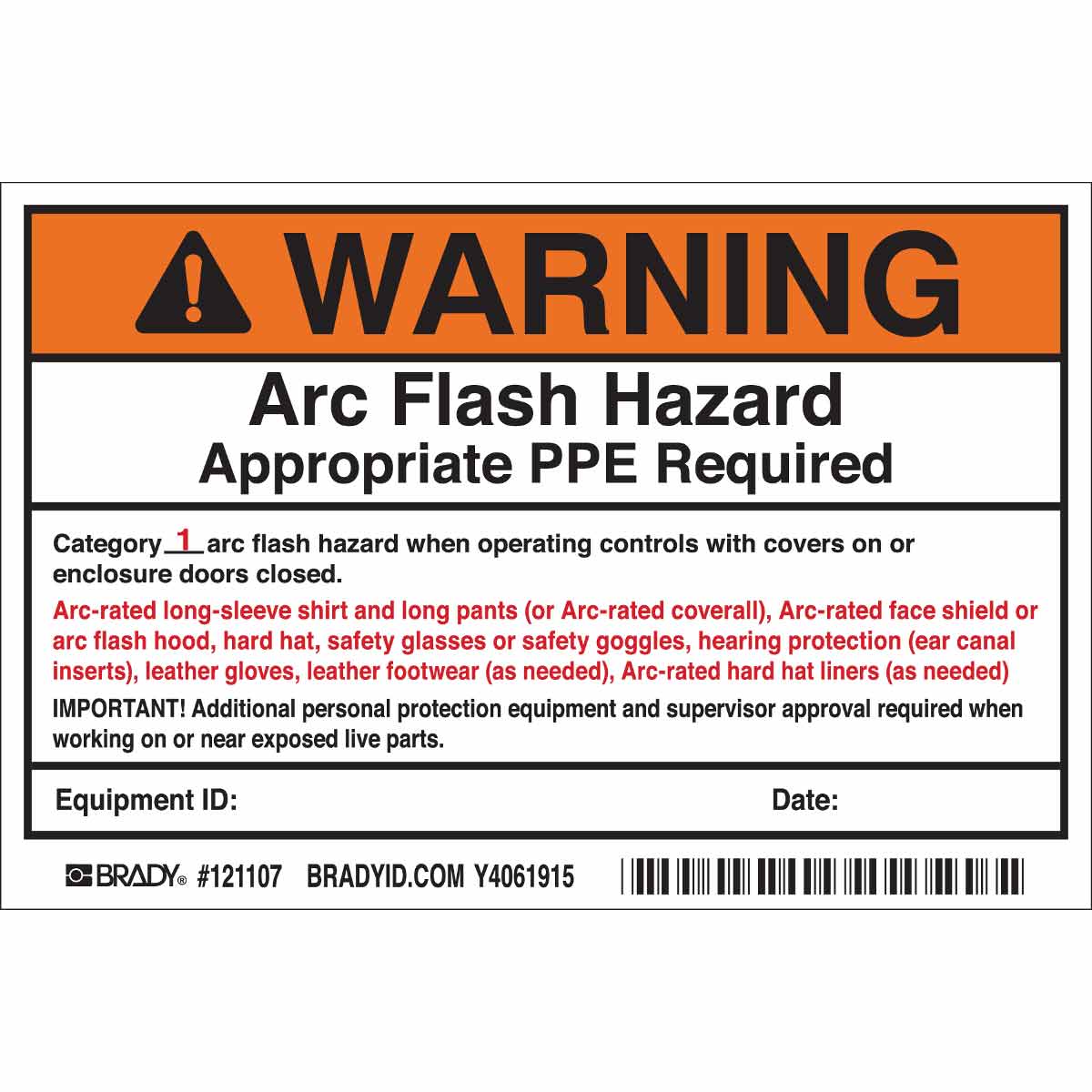 121107 B7569 4X6 BLK/ORG/WHT 5/PK ARC FLASH LBL