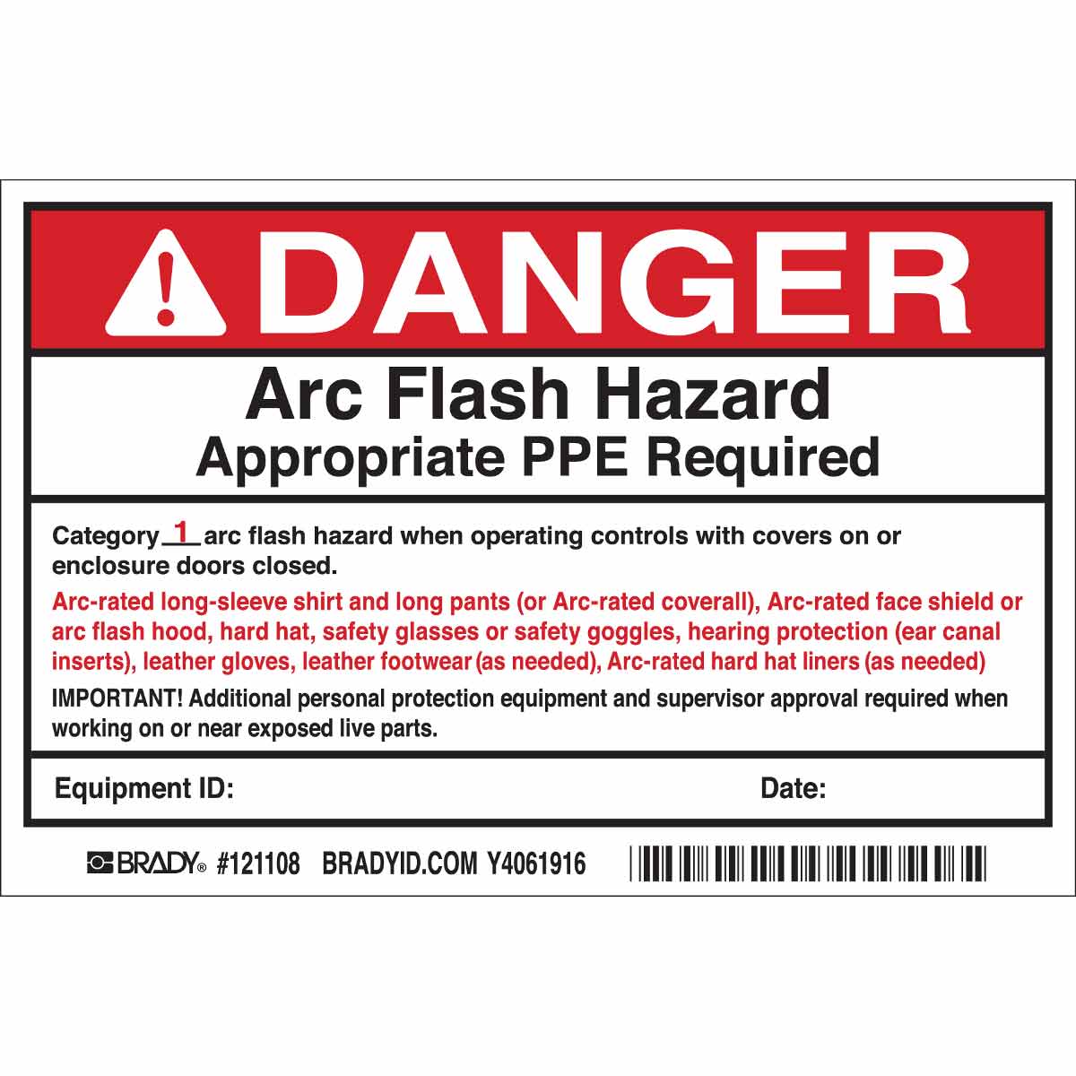 121108 B7569 4X6 BLK/RED/WHT 5/PK ARC FLASH LBL