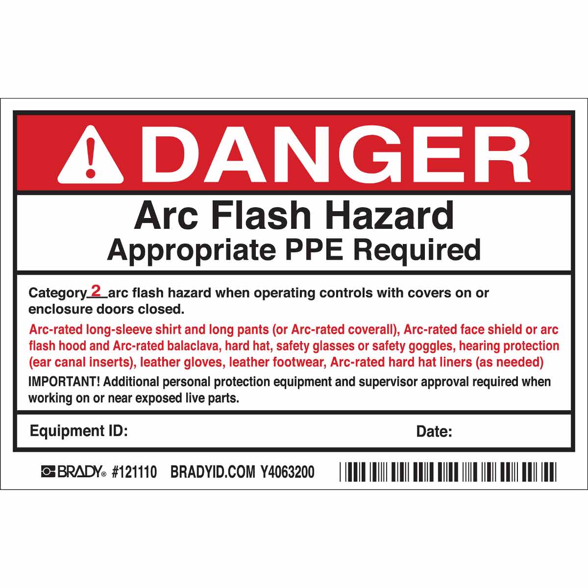 121110 B7569 4X6 BLK/RED/WHT 5/PK ARC FLASH LBL