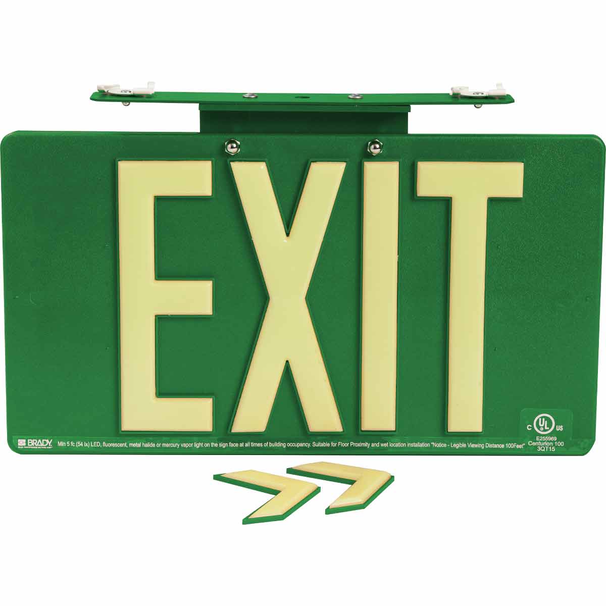 145482 BRADYGLO EXIT SIGN 100' DOUBLE TBAR GRN