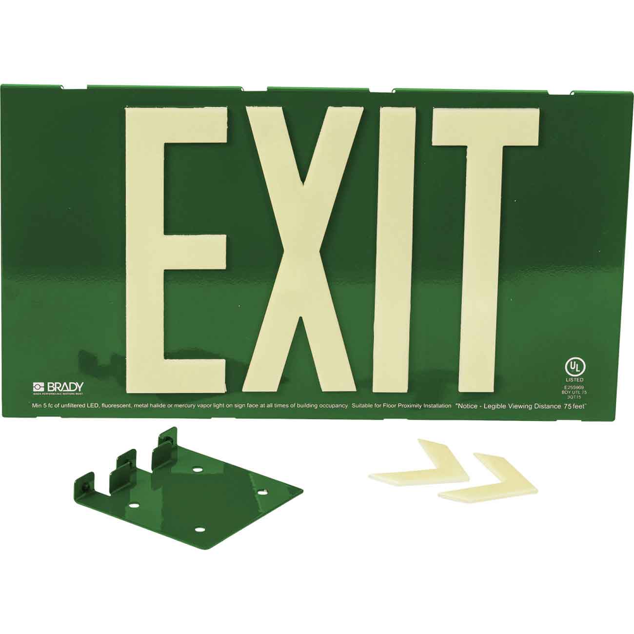 145488 BRADYGLO EXIT SIGN 75' SNGL BRCKT GRN