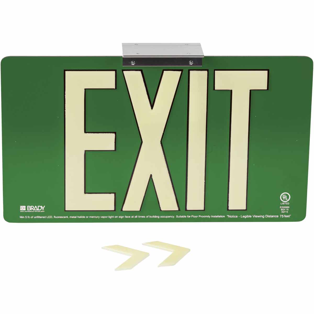 145526 BRADYGLO EXIT UL SGN 75' SNGL BRCKT GRN