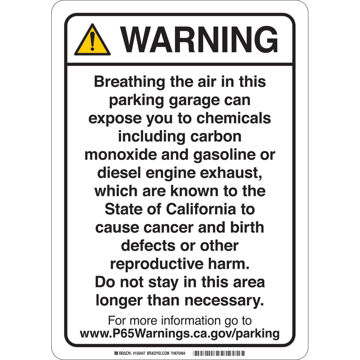 California Prop 65 Parking Garage Warning Sign Brady Bradyid Com