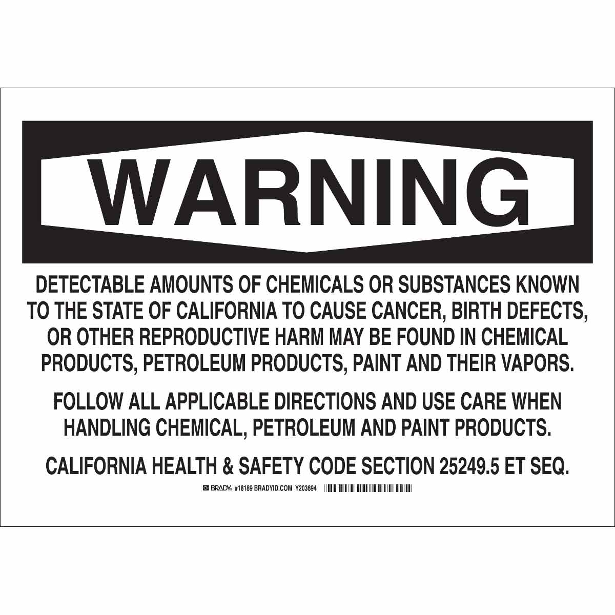 Brady Part 18189 WARNING Detectable Amounts Of Chemicals Or