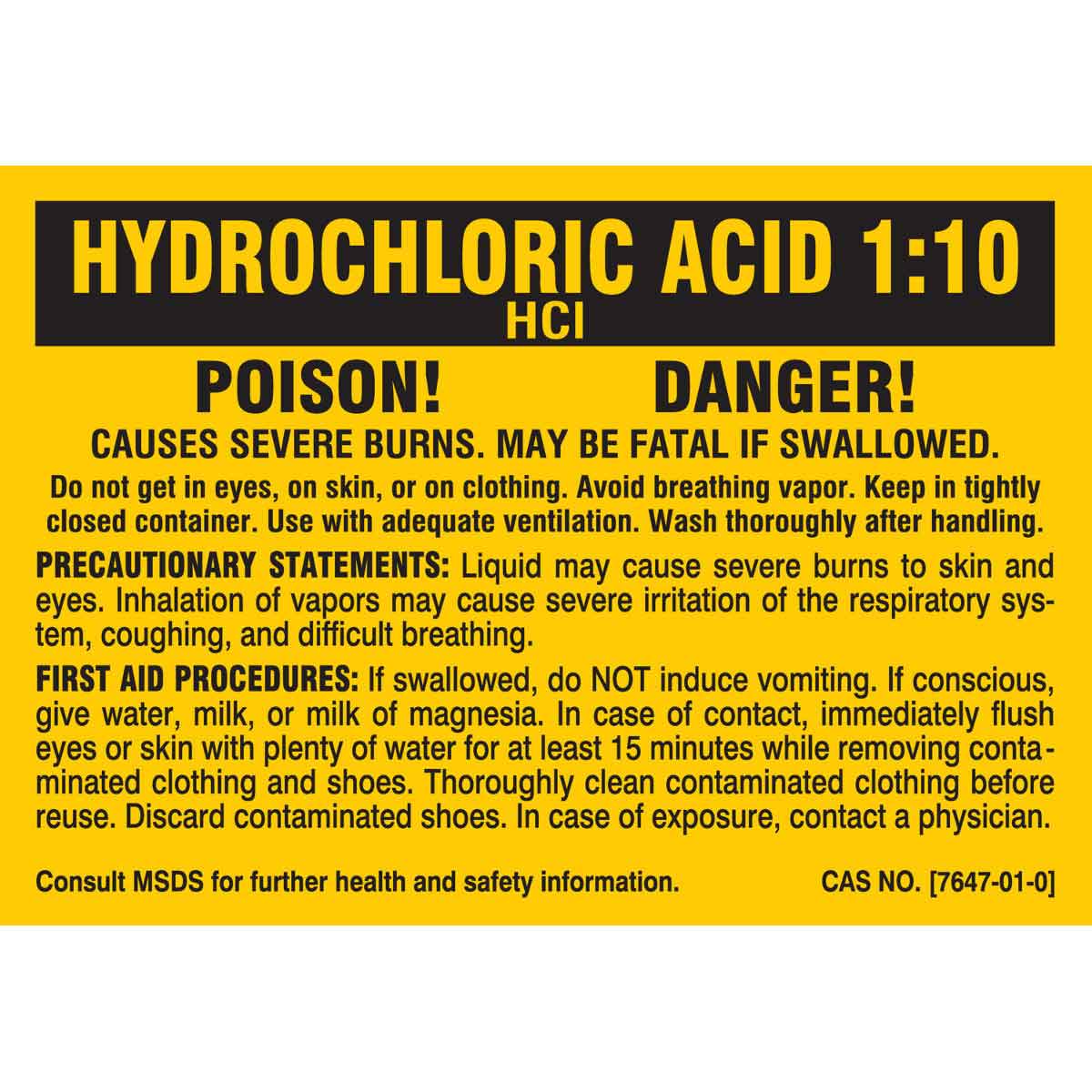 Hydrochloric Acid 1 10 Hcl Poison Danger Poison Danger Causes Severe Burns May Be Fatal If Swallowed Brady Part 20232pls Brady Bradyid Com