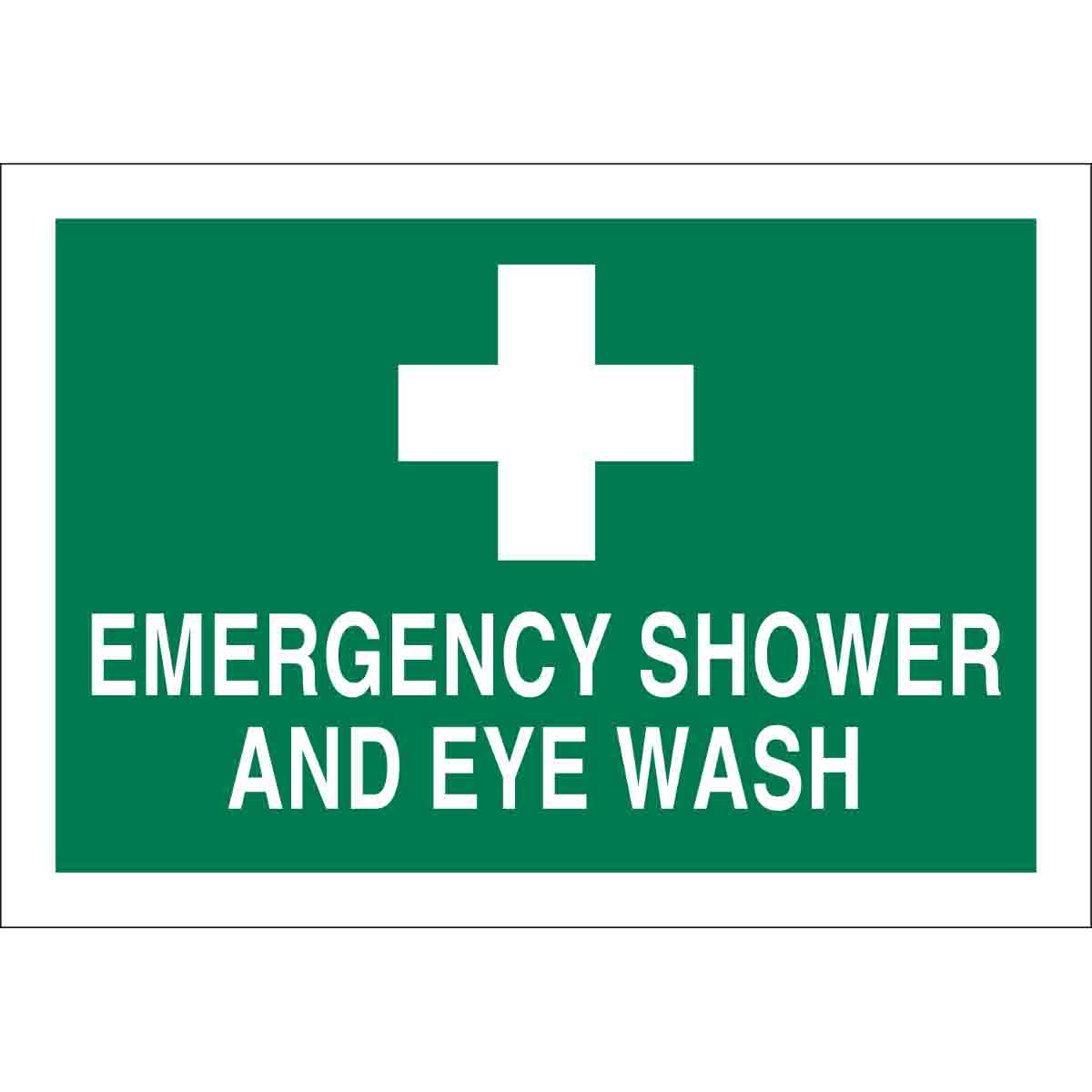 LegendEmergency Eye Wash and Shower 14 Width Black and Blue on White 10 Height Brady 127414 First Aid Sign 