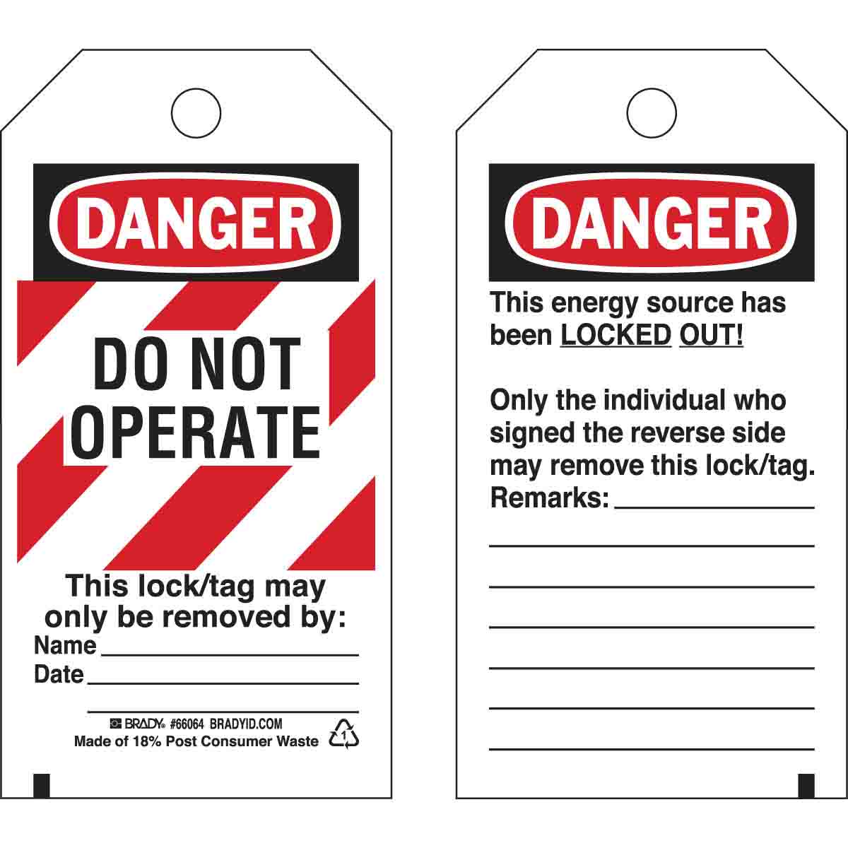 Brady Part: 65525, DANGER Do Not Operate Energy Source Lockout Tagout Tags