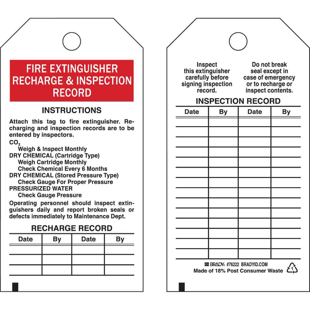 Brady Part: 76222 | Fire Extinguisher Recharge and Inspection Record Tags | BradyID.com