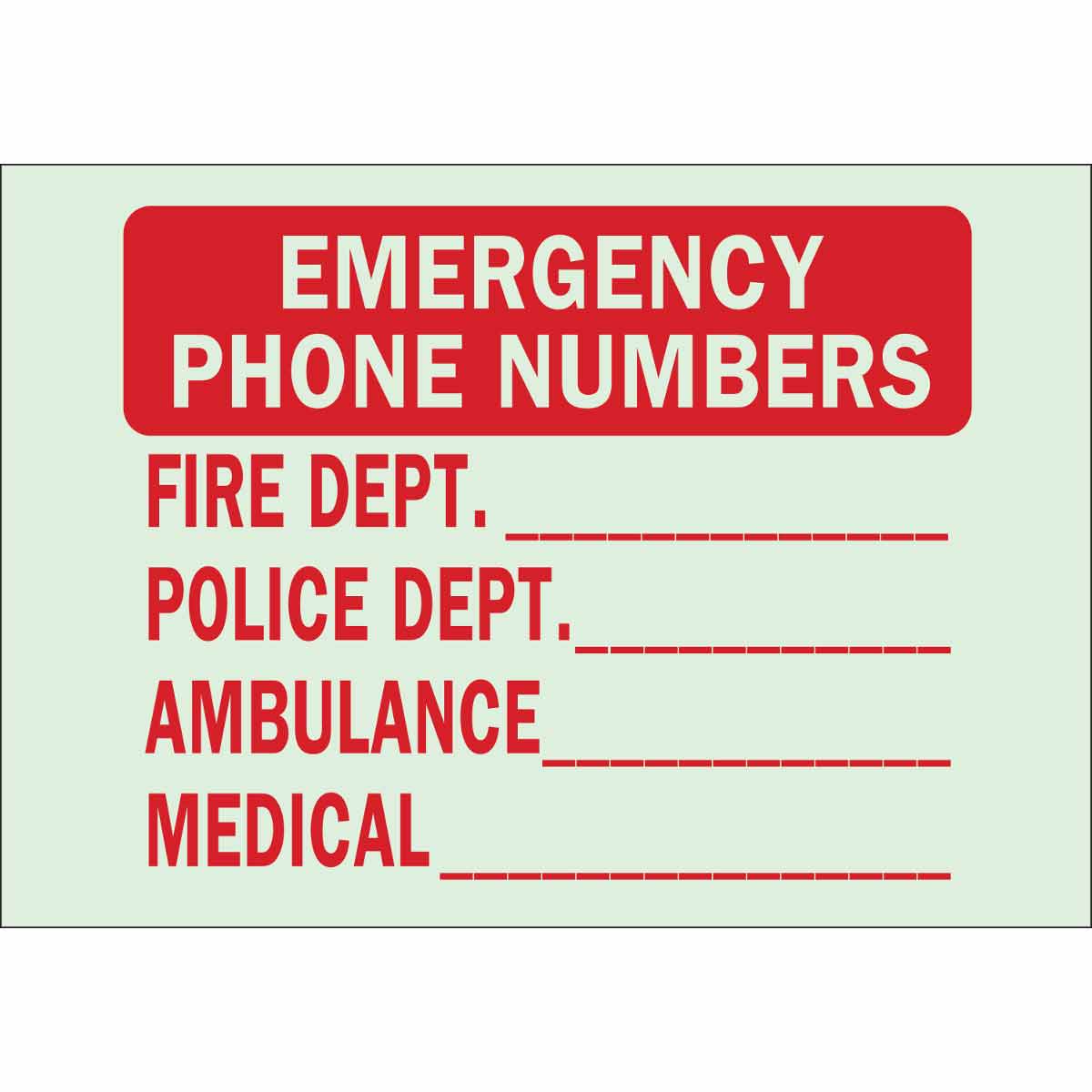 Brady Part 80214 Bradyglo Emergency Phone Numbers Fire Dept Police Dept
