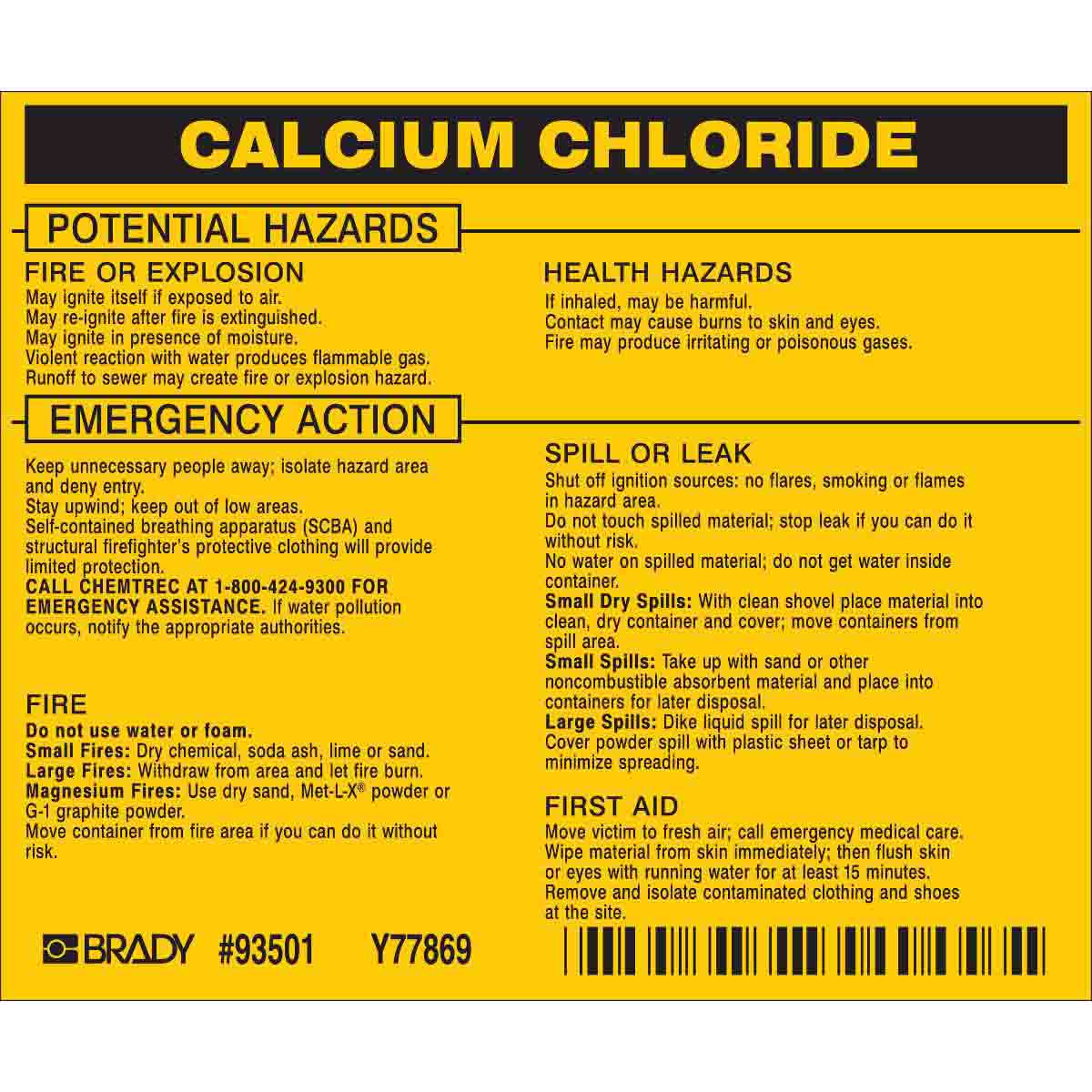 Calcium Chloride Labels Brady Part 93501 Brady Bradyid Com