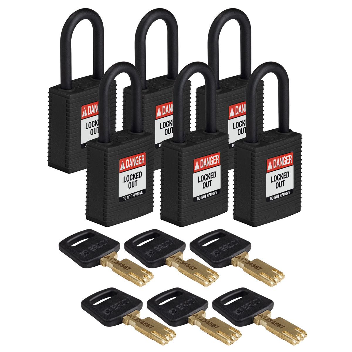 NYL-BLK-38PL-KA6PK Nylon Padlock 1.5" Plst Shkl KA BK 6PK