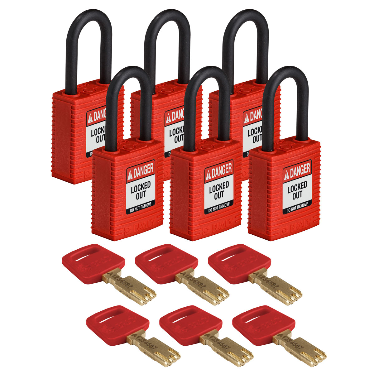 1H32 6 NEW BRADY Y489349 105890 70-40 KAX6 RED SAFETY LOCKS WITH KEYS 