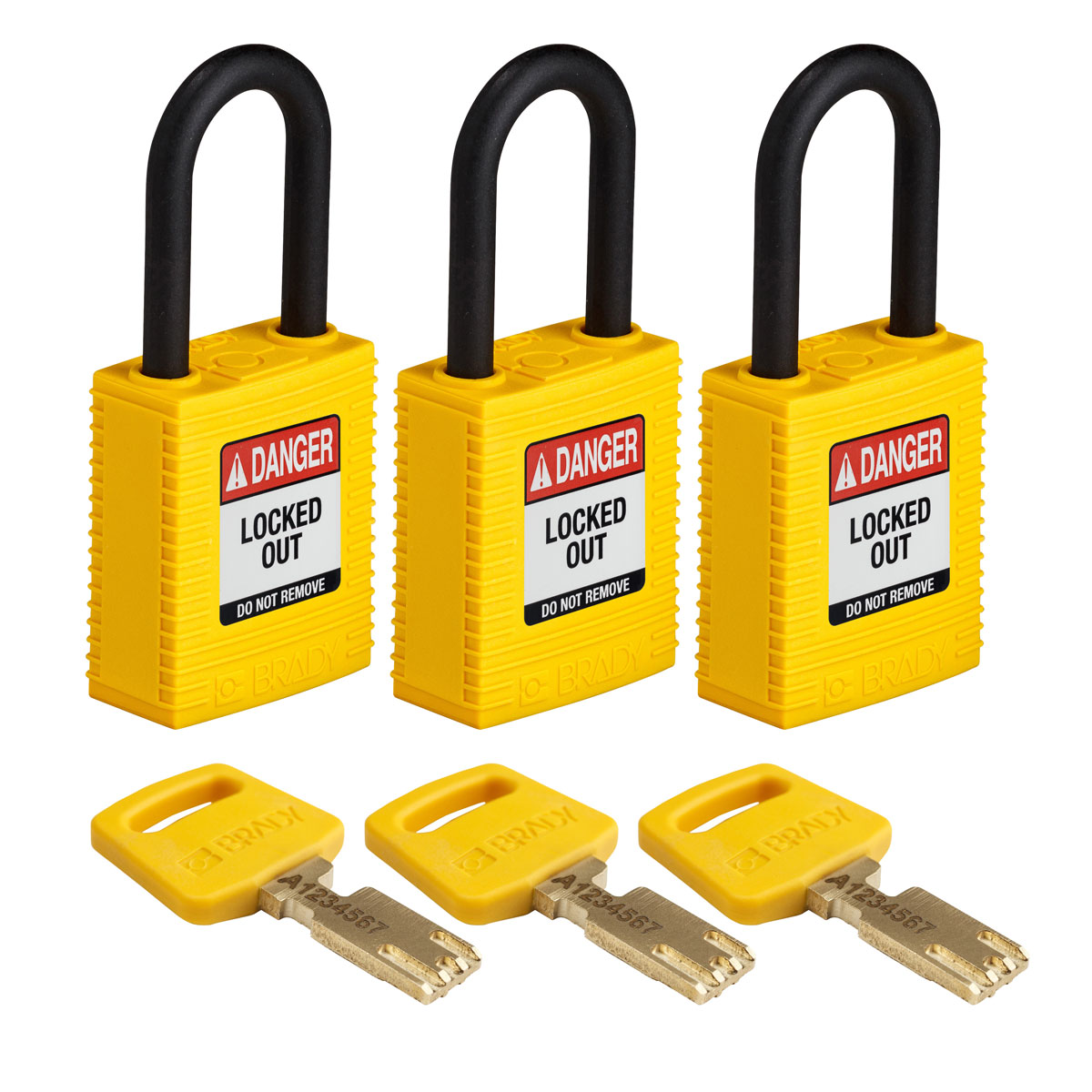 NYL-YLW-38PL-KA3PK Nylon Padlock 1.5" Plst Shkl KA YL 3PK