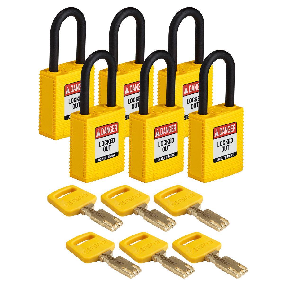 NYL-YLW-38PL-KA6PK Nylon Padlock 1.5" Plst Shkl KA YL 6PK
