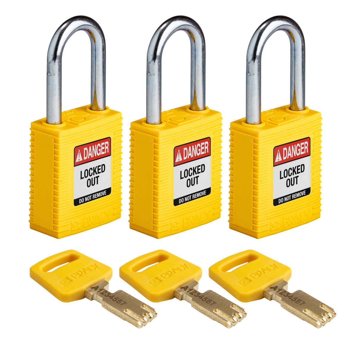 NYL-YLW-38ST-KA3PK Nylon Padlock 1.5" Steel Shkl KA YL 3PK