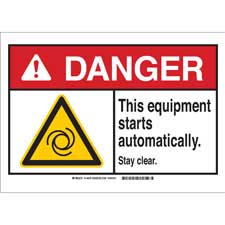 Sign 7 H x 10 W Black/Red/Yellow on White Stay Clear Brady 144074 FiberglassDanger This Equipment Starts Automatically 
