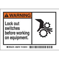 WARNING Lock out switches before working on equipment. Labels - Brady ...