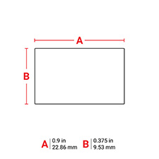 Diagram showing the measurements of Brady Solvent and Chemical Resistant Polyester Labels as 0.9 inches by 0.375 inches or 22.86 millimeters by 9.53 millimeters.