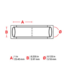 Diagram: 1 inch x 0.235 inches with a circumference of 0.125 inches, or 25.4 mm x 5.97 mm with a circumference of 3.18 mm.