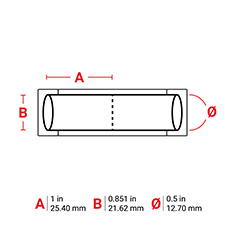 Diagram: 1 inch x 0.851 inches with a circumference of 0.5 inches, or 25.4 mm x 21.62 mm with a circumference of 12.7 mm.
