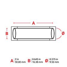 Diagram: 2 inches x 0.645 inches with a circumference of 0.375 inches, or 50.8 mm x 16.38 mm with a circumference of 9.53 mm.