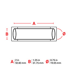 Diagram: 2 inches x 1.25 inches with a circumference of 0.75 inches, or 50.8 mm x 31.75 mm with a circumference of 19.05 mm.