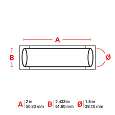 Diagram: 2 inches x 2.433 inches with a circumference of 1.5 inches, or 50.8 mm x 61.8 mm with a circumference of 38.1 mm.