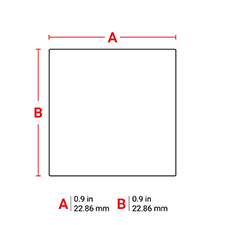 Diagram showing the measurements of Brady Solvent and Chemical Resistant Polyester Labels as 0.9 inches by 0.9 inches or 22.86 millimeters by 22.86 millimeters.