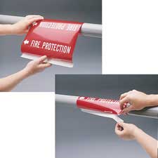 Two close-up photos showing a person applying a Brady snap-on pipe marker reading "Fire Protection" to a pipe.