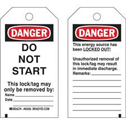 DANGER Do Not Start Lockout Tagout Tags sku:65505