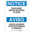 Bilingual NOTICE Wash Hands Before Returning To Work Sign sku:87714