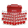 Vista frontal de una caja roja portátil de bloqueo grupal con 42 candados y 56 llaves colocadas frente a la caja en formación V. 