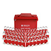 Vista frontal de una caja roja portátil de bloqueo grupal con 56 candados y 56 llaves colocadas frente a la caja en formación V. 