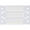 A white plastic cable label sheet with three blank white labels and punch-outs.