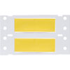 Una hoja de etiquetas de plástico para cables con dos etiquetas amarillas en blanco y perforaciones.