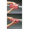Two close-up photos showing someone applying a red Brady snap-on pipe marker reading "Fire Protection Water" to a pipe.