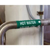 A pipe with a green Brady snap-on pipe marker reading "Hot Water" applied to it.