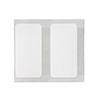 Dos etiquetas blancas rectangulares cada una con un contorno de perforaciones ligeramente más grande en una hoja.