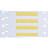 Una hoja de etiquetas de plástico para cables con cuatro etiquetas amarillas en blanco y perforaciones.