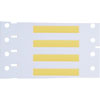 Una hoja de etiquetas de plástico para cables con cuatro etiquetas amarillas en blanco y perforaciones.
