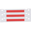 Una hoja de etiquetas de plástico para cables con tres etiquetas rojas en blanco y perforaciones.