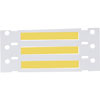 Una hoja de etiquetas de plástico para cables con tres etiquetas amarillas en blanco y perforaciones.